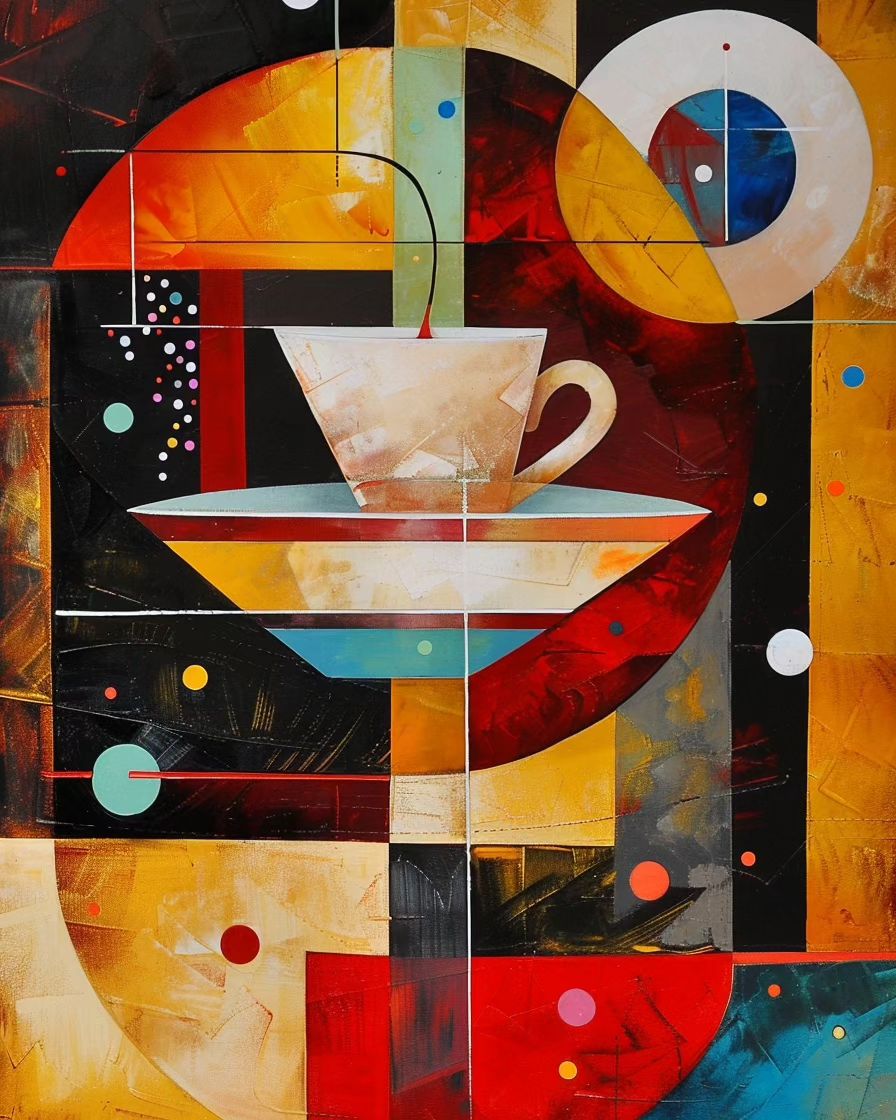 As xícaras de café  são representados com manchas de cor abstrata, enquanto linh-As-xicaras-de-cafe-sao-representados-com-manchas-de-cor 