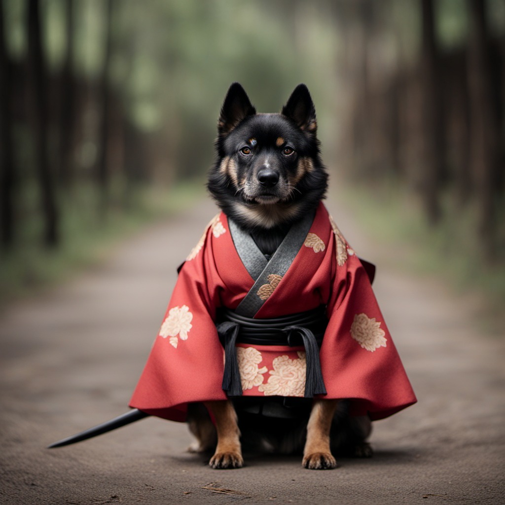 Guarding the garden with honor, our samurai dog is ready for action! Embracing t-Guarding-the-garden-with-honor-our-samurai-dog-is-ready 