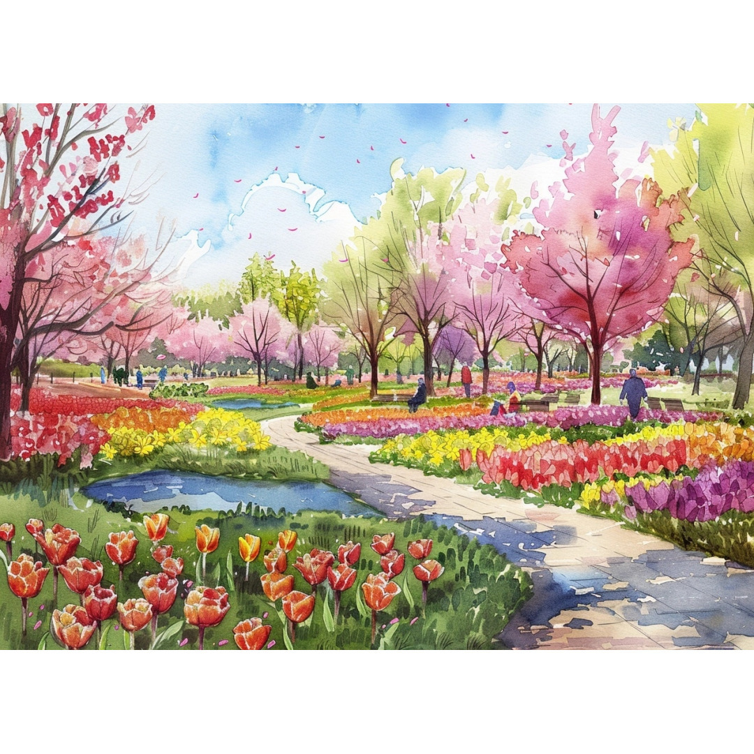 watercolor da Vinci art A large park with colorful tulips and other flowers in f-watercolor-da-Vinci-art-A-large-park-with-colorful-tulips 