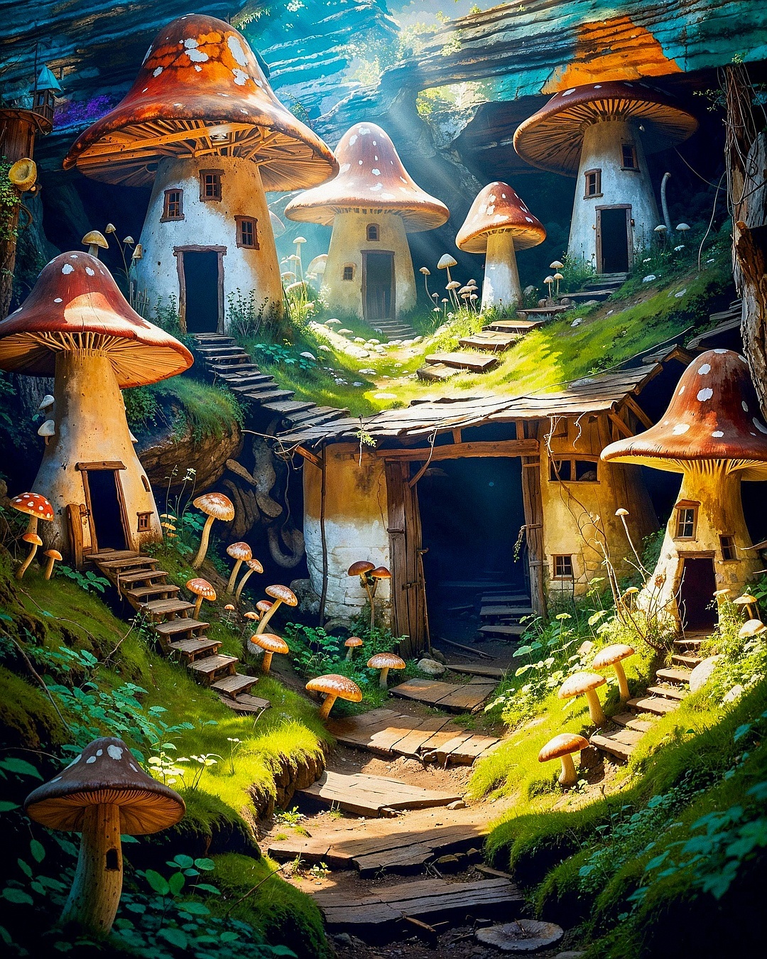 240414 - dark mushroom cottages in an expressionist/dreamscape mix; sdxl (comfy)-240414-dark-mushroom-cottages-in-an-expressionistdreamscape-mix-sdxl 