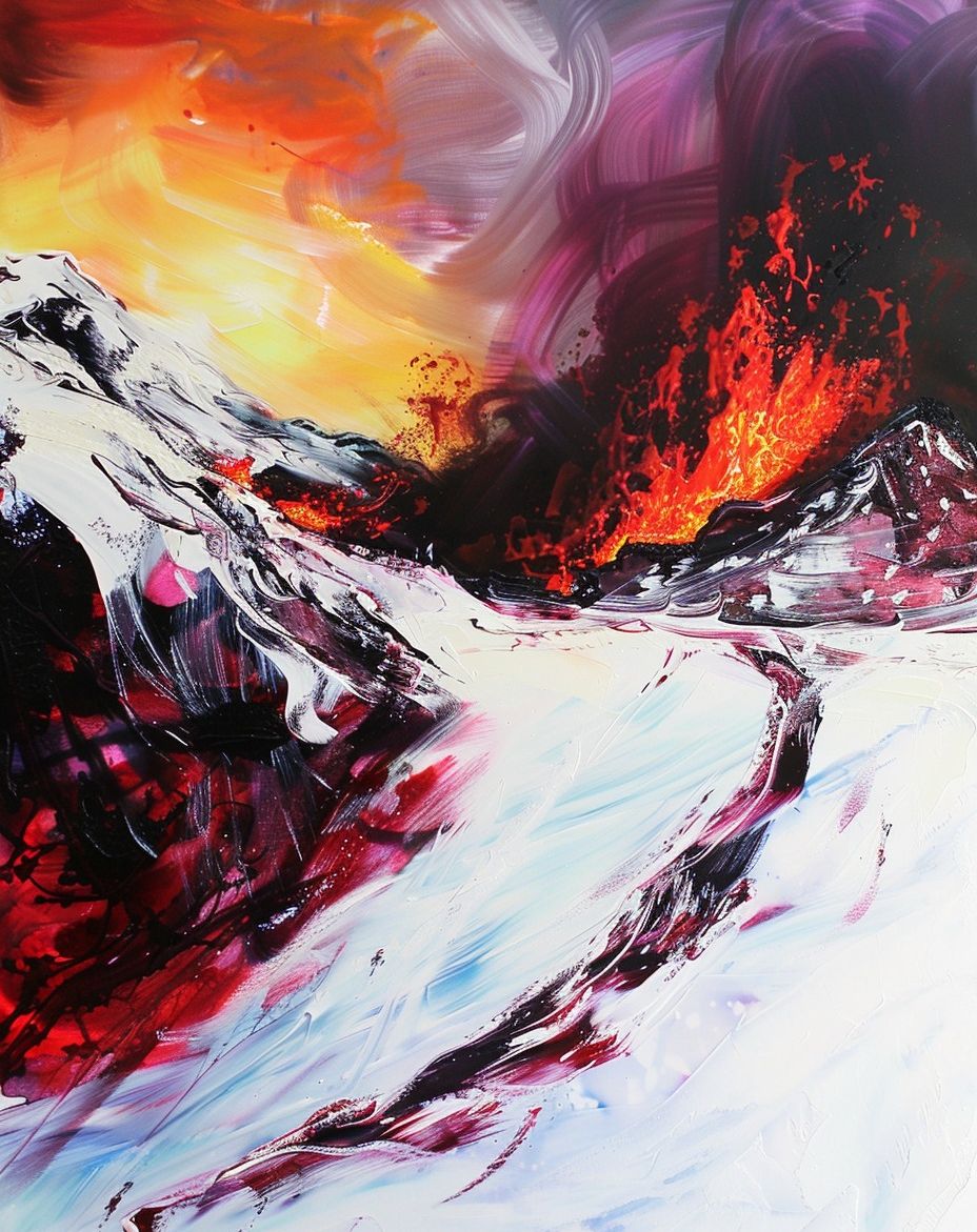 Prompt: surreal impressionistic painting, skiing on lava flow, red hot and white-409135148_122106454778252229_2696432089587249404_n 