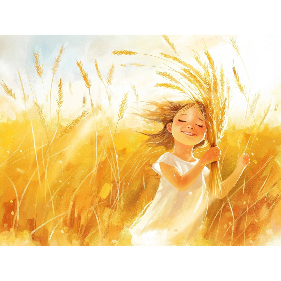 n the golden wheat field, the little girl with black hair holds the wheat and sm-437146286_931376918730494_7658088031411748286_n 