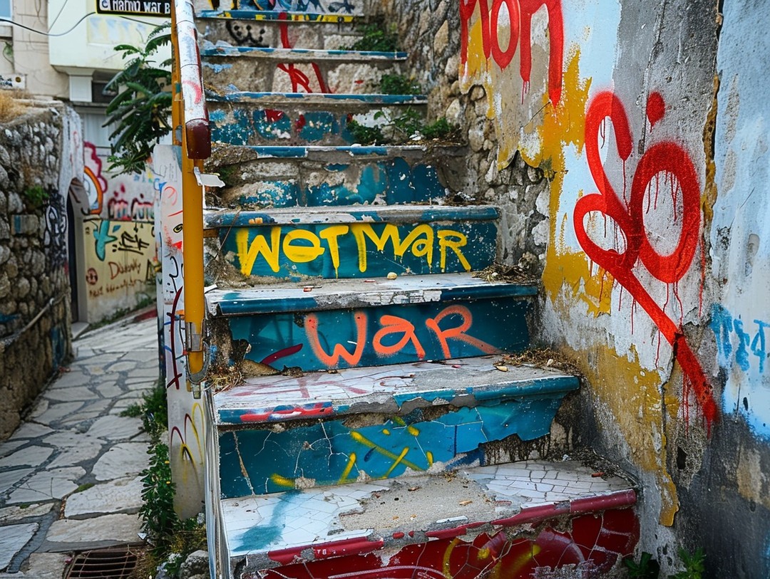 Graffiti on the wall of an ancient Greek city that says "not war" in Greek lette-437728000_373830922312411_853962404038070073_n 