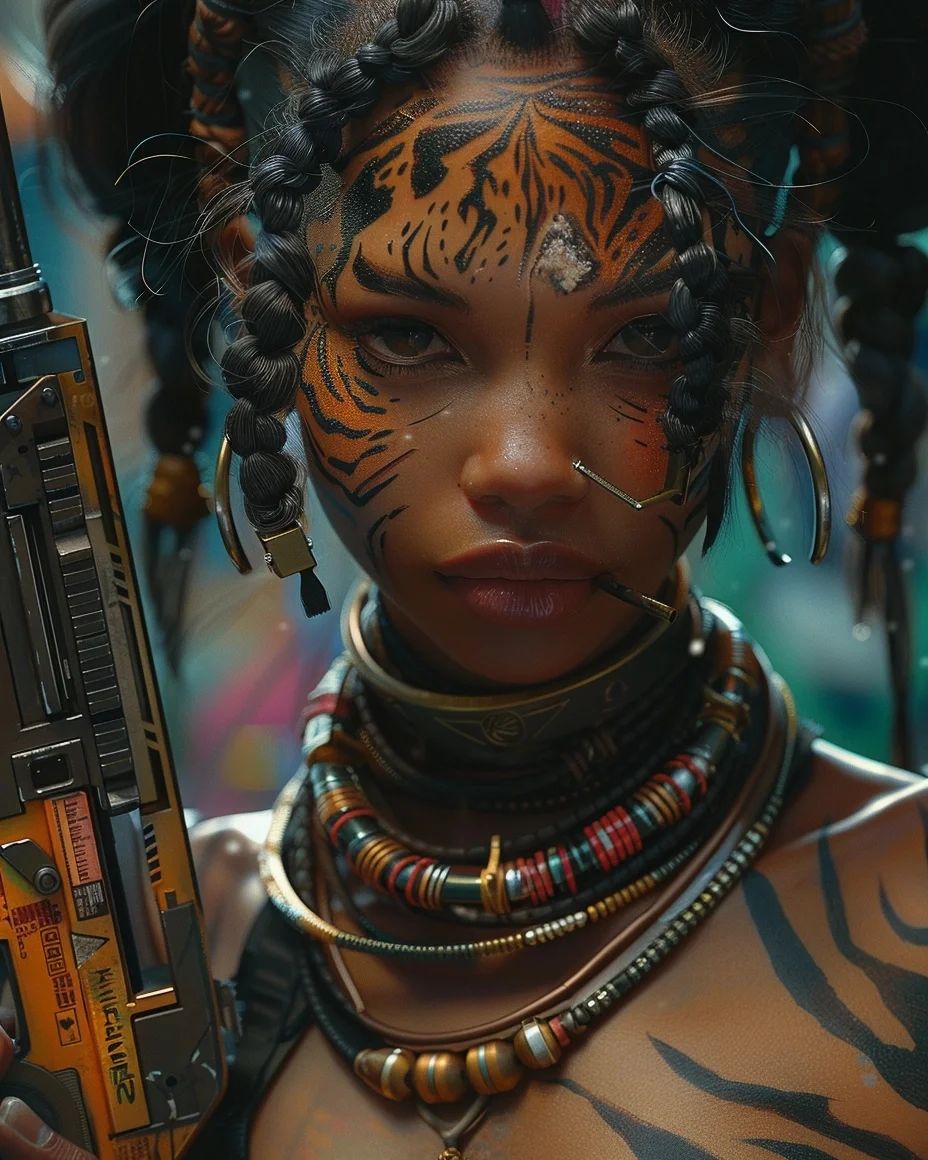 beautiful black woman with a colourful tiger tattoo, wearing leather, with a bla-437990315_355569686916480_5698427882065588348_n 
