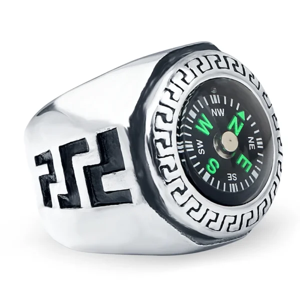 Stainless Steel Men Rings with Compass Cool Outdoor Sports Rings Striped Engraved Punk Style Biker Jewelry for Male