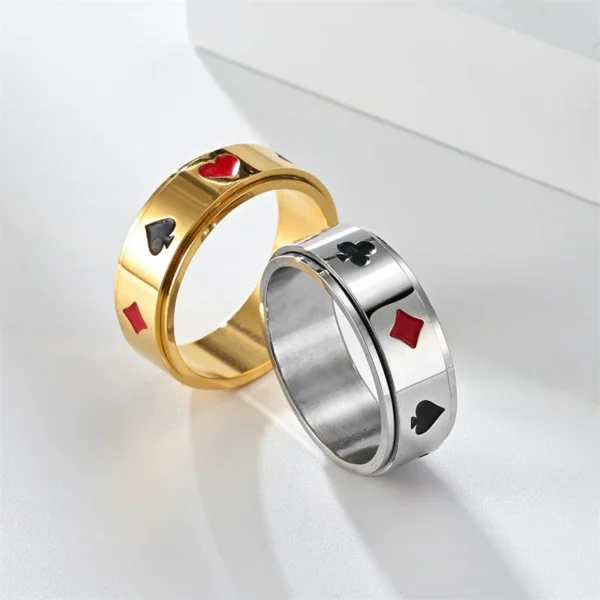 Funny Playing Card Suits Stainless Steel Rotating Spinner Ring, Unique Poker Ring for Men Women USA 6-12