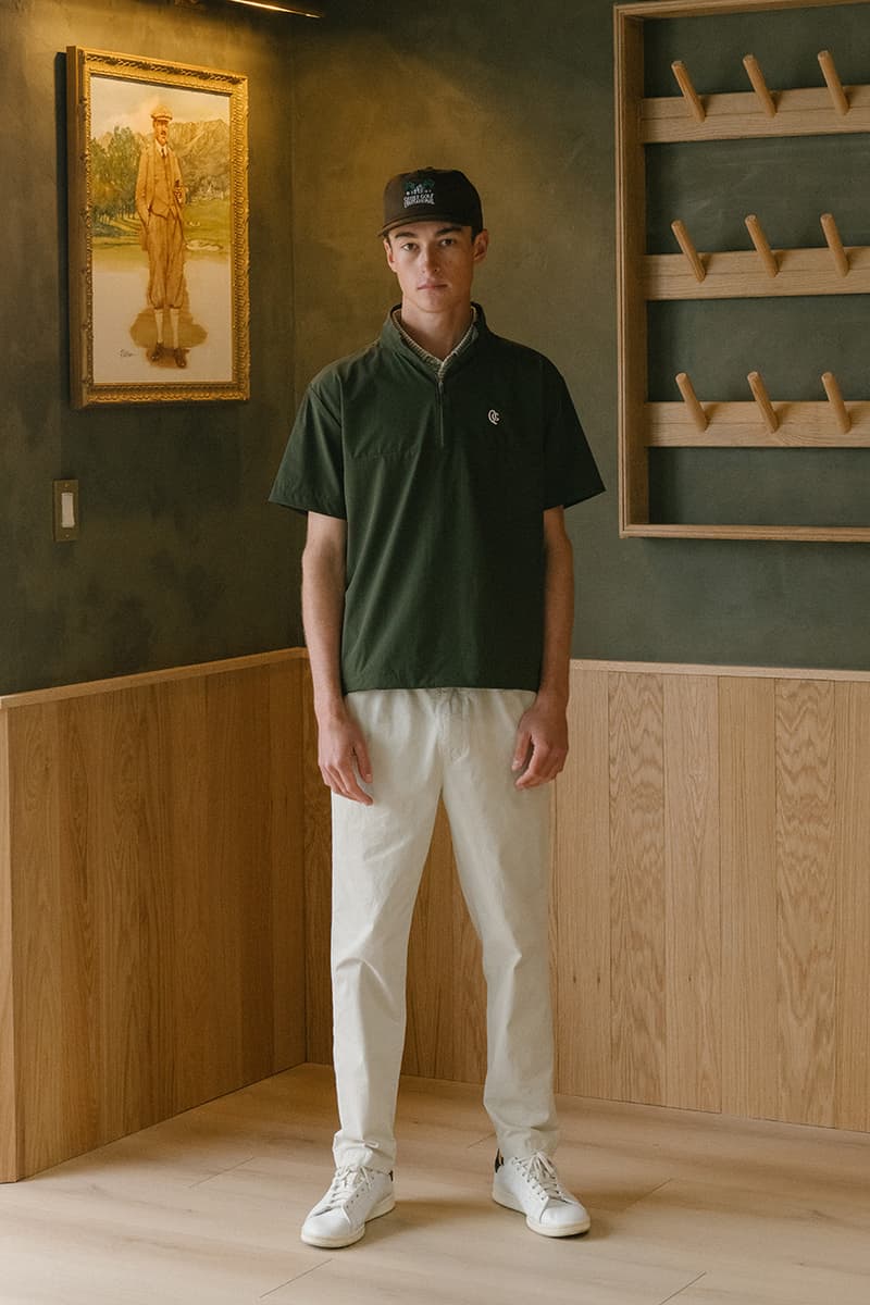 quiet golf spring summer 2025 collection polo cardigan cashmere sweater vest layer shell hoodie pants shorts green blue navy grey brown