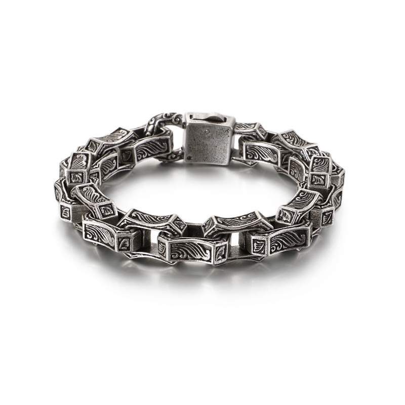 Detailed Embossed Silver Stainless Steel Link Bracelet