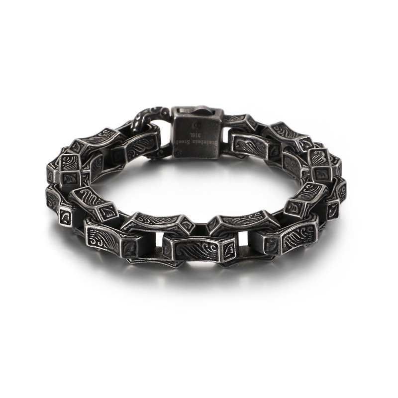 Oxidized Stainless Steel Patterned Link Bracelet