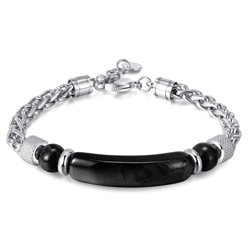 Black Tiger's Eye and Stainless Steel Braided Bracelet