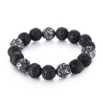 Lava Stone and Etched Silver Tone Bead Bracelet