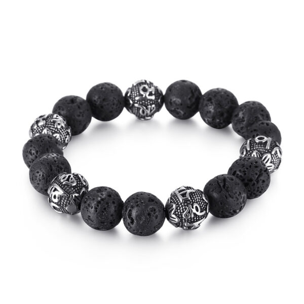 Lava Stone and Etched Silver Tone Bead Bracelet