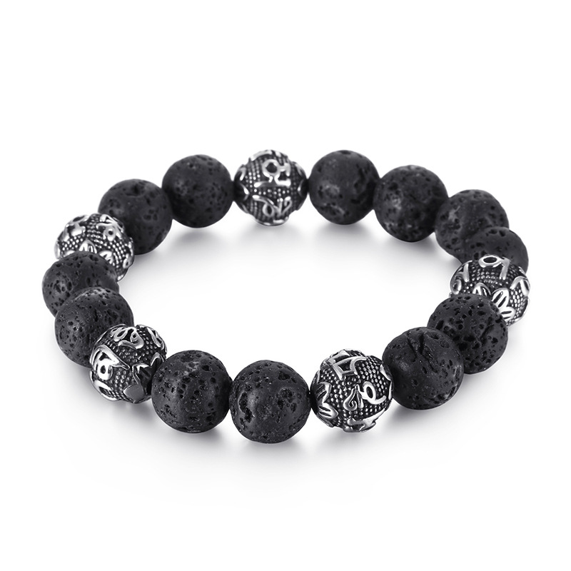 Lava Stone and Etched Silver Tone Bead Bracelet