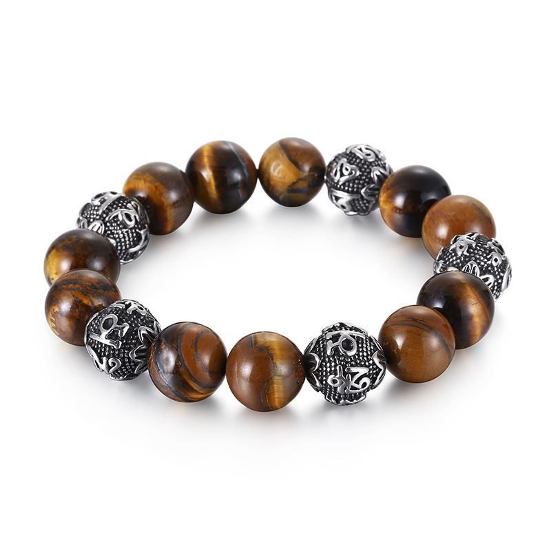 Natural Tiger Eye Bracelet with Patterned Metal Accents