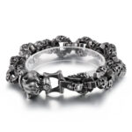 Oxidized Stainless Steel Skull Link Bracelet with Beast Head Clasp