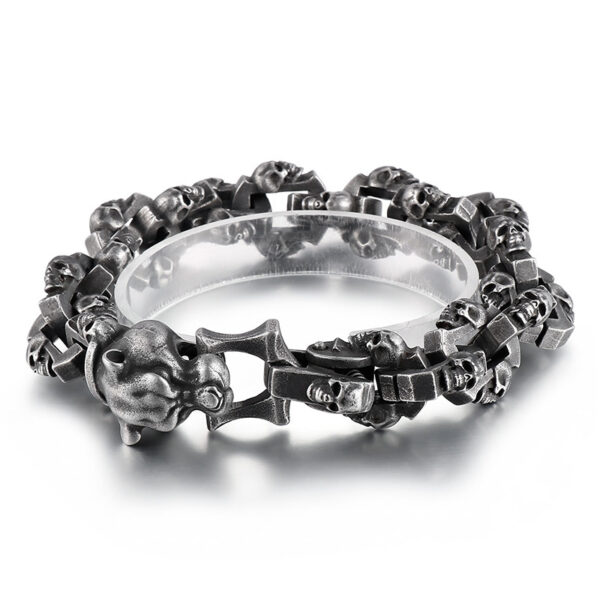 Oxidized Stainless Steel Skull Link Bracelet with Beast Head Clasp