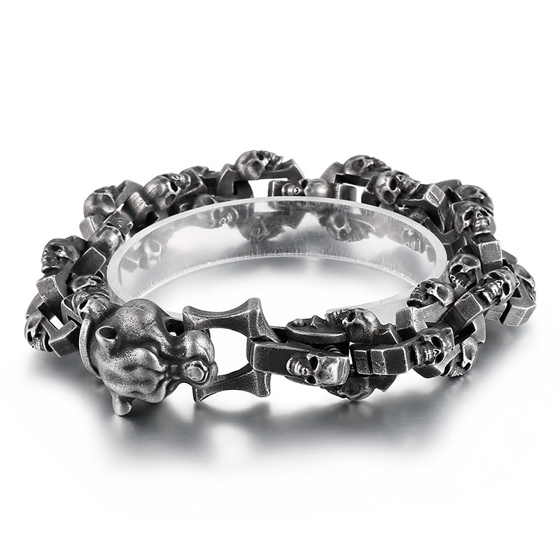 Oxidized Stainless Steel Skull Link Bracelet with Beast Head Clasp