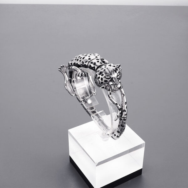 Gold Tone Leopard Head Open Cuff Bracelet