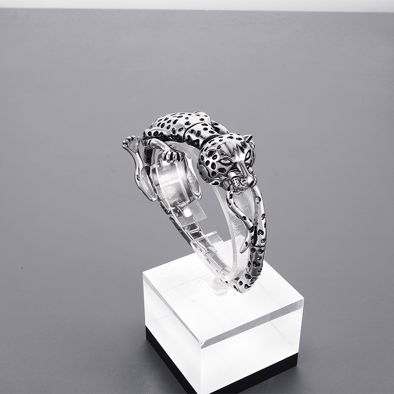 Gold Tone Leopard Head Open Cuff Bracelet