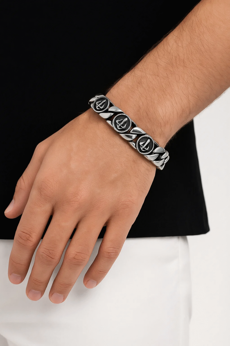 Stainless Steel Curb Chain Bracelet with Engraved Circular Emblems