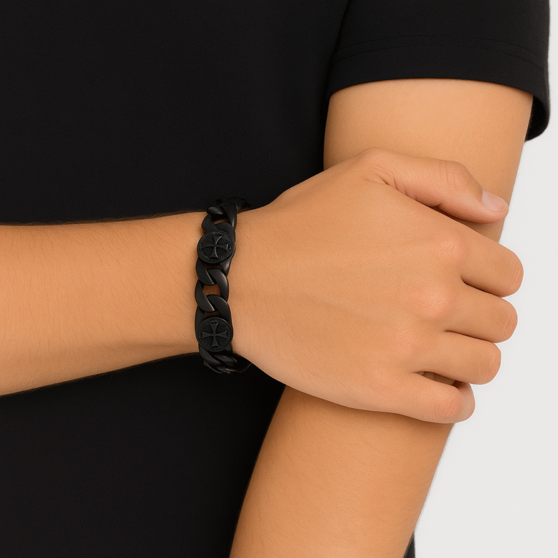 Black Stainless Steel Curb Chain Bracelet with Gothic Circular Emblems