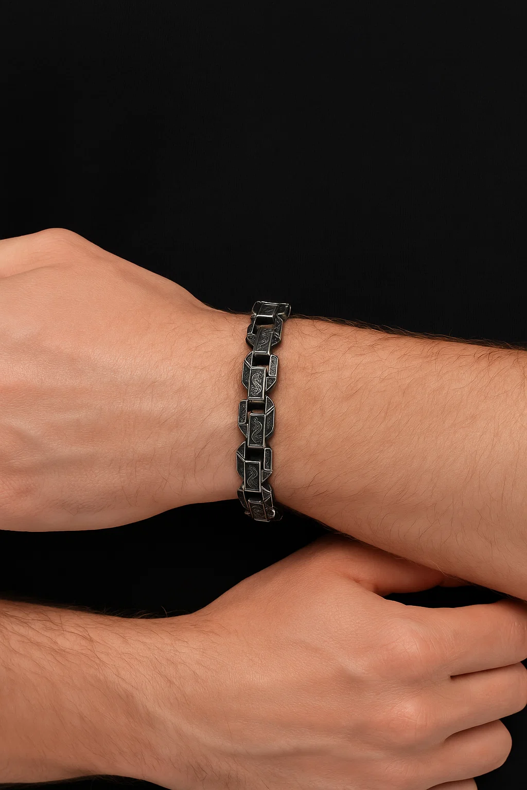 Oxidized Stainless Steel Patterned Link Bracelet