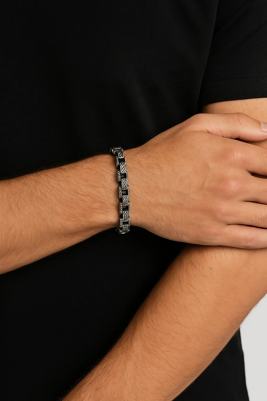Detailed Embossed Silver Stainless Steel Link Bracelet