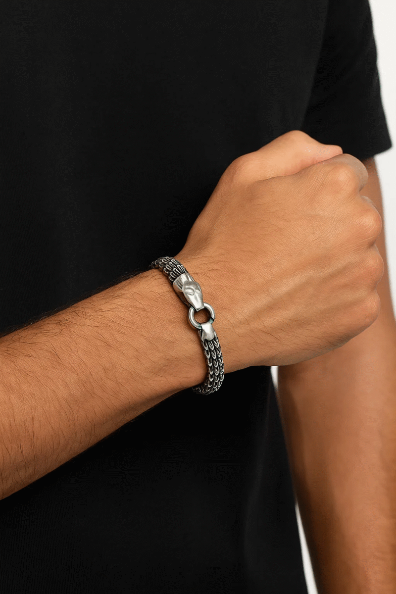 Polished Stainless Steel Snake Bracelet with Integrated Clasp