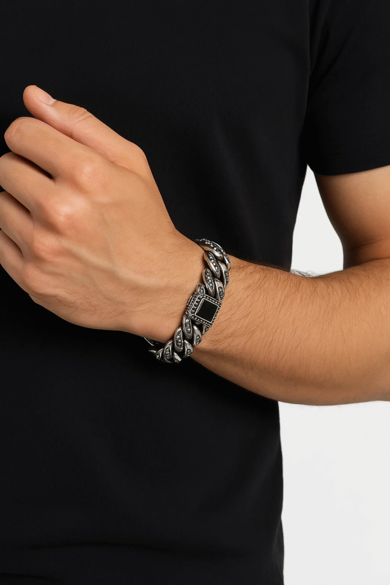 Silver Tone Engraved Curb Chain Bracelet with Black Inlay Clasp