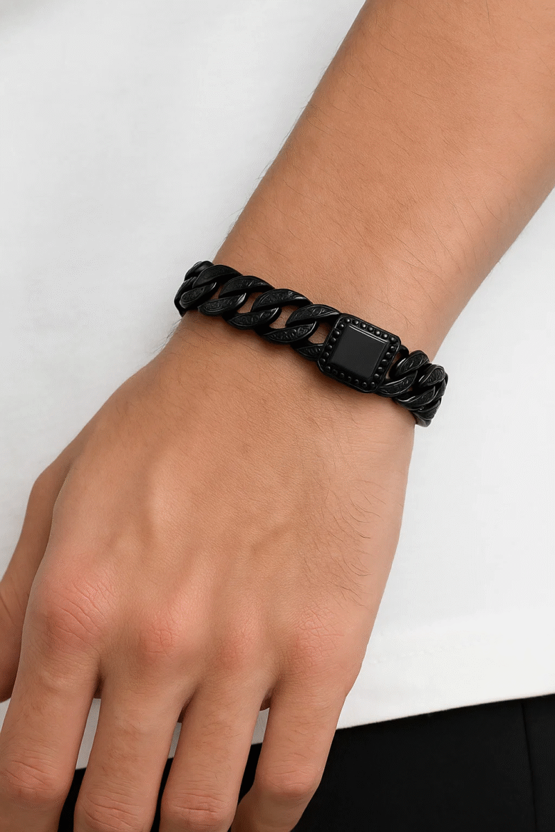 Black Stainless Steel Engraved Curb Chain Bracelet