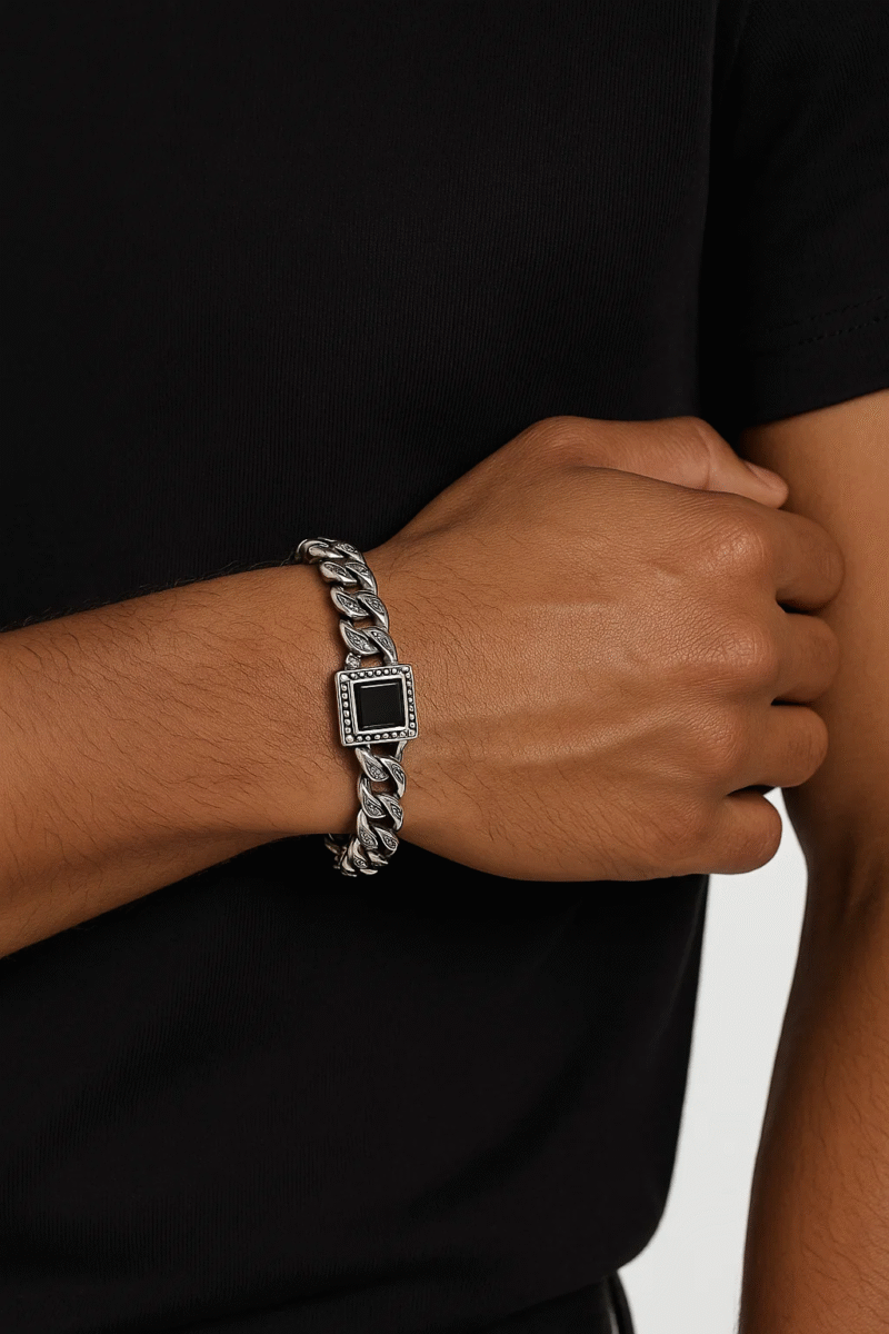 Silver Tone Engraved Curb Chain Bracelet with Black Stone Clasp