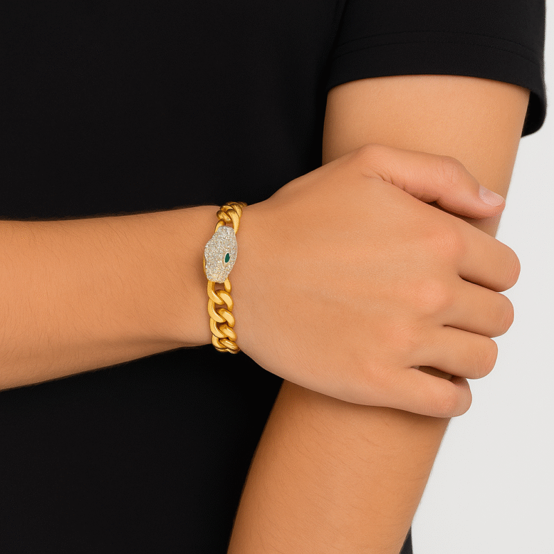 Gold Plated Crystal Pave Snake Head Cuban Chain Bracelet