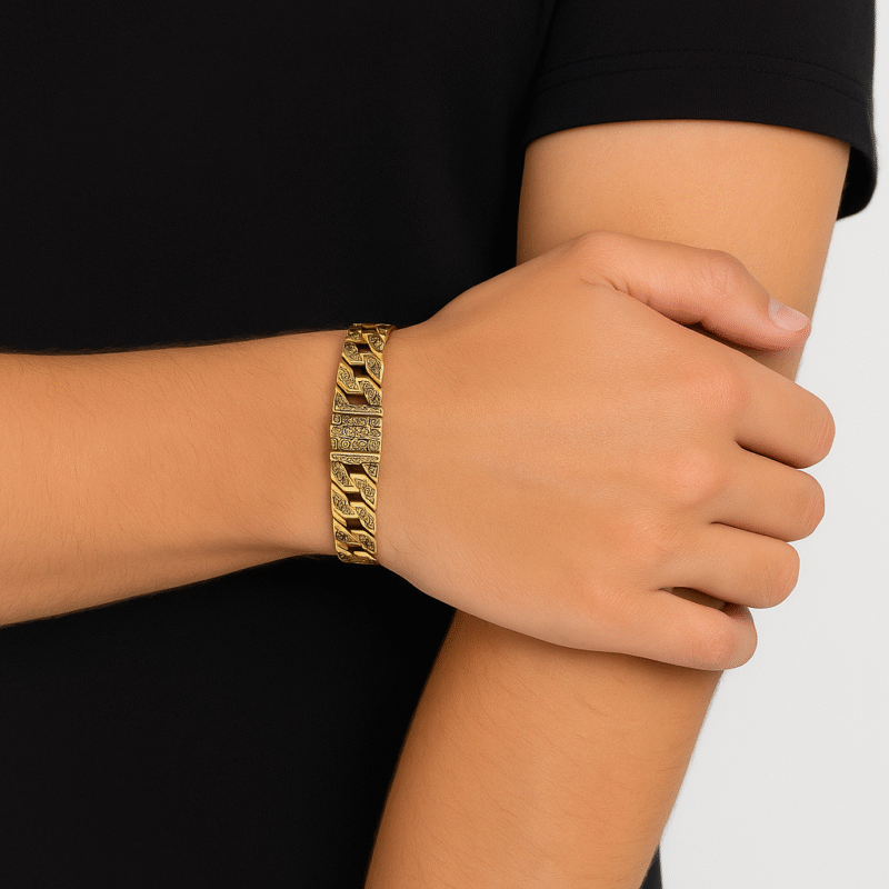Engraved Gold Tone Stainless Steel Curb Chain Bracelet