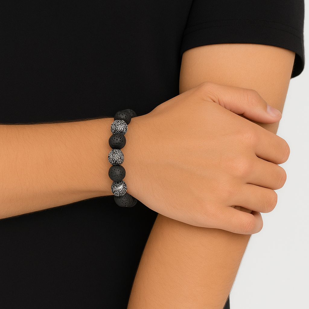 Lava Stone and Etched Silver Tone Bead Bracelet