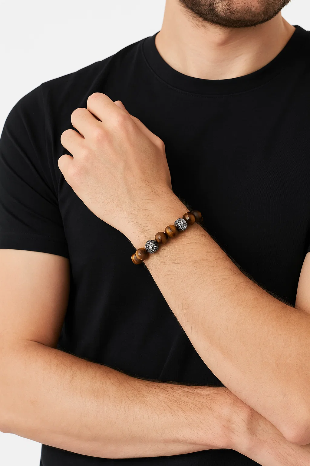 Natural Tiger Eye Bracelet with Patterned Metal Accents