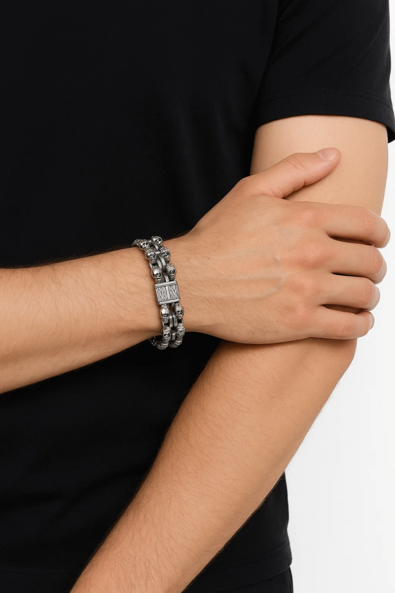 Men's Stainless Steel Layered Skull Bracelet