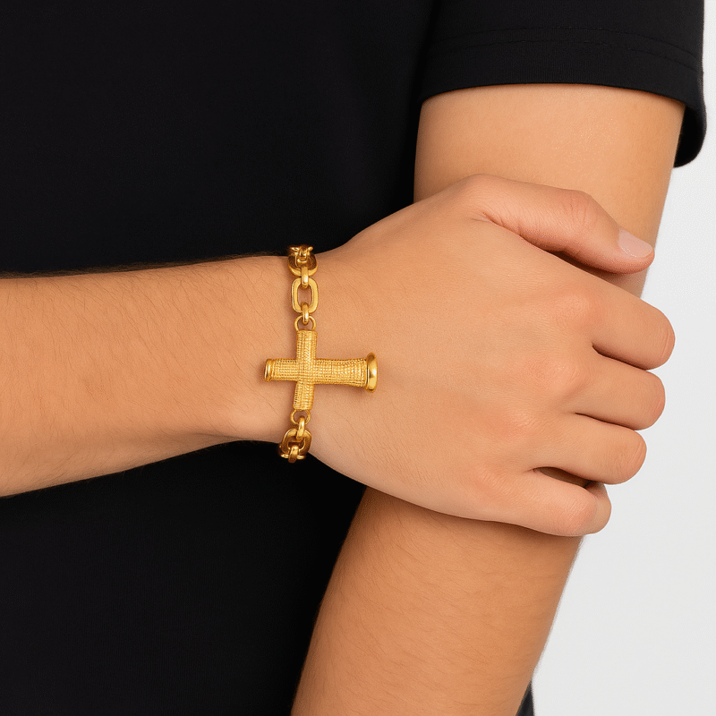 Gold Stainless Steel Byzantine Chain Bracelet with Textured Cross Pendant