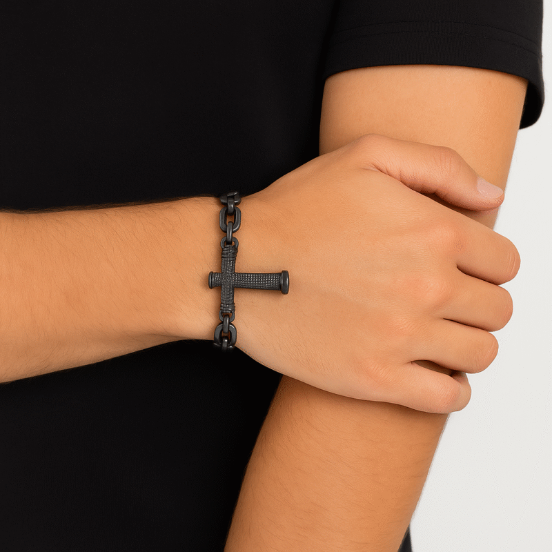 Boil Black Stainless Steel Byzantine Chain Bracelet with Textured Cross Pendant