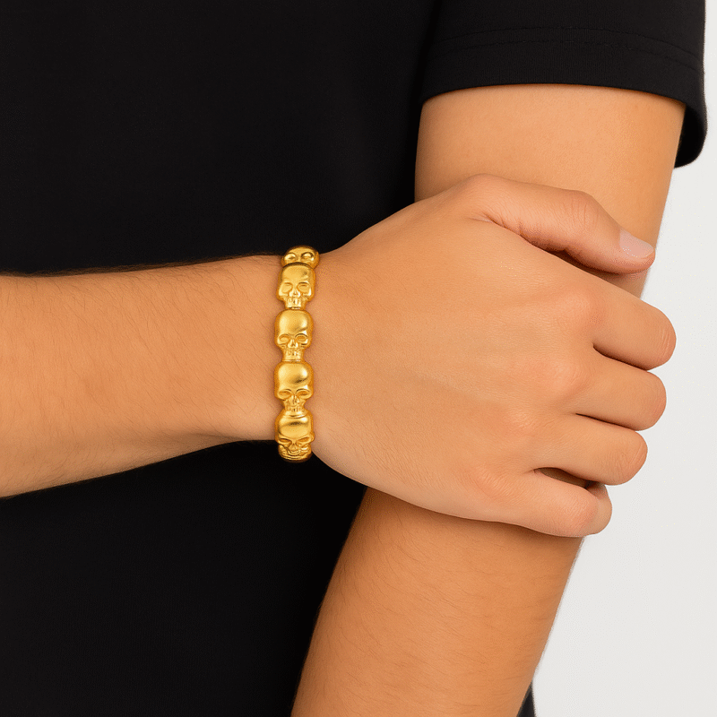 Gold Tone Stainless Steel Skull Bracelet with Crystal Eyes