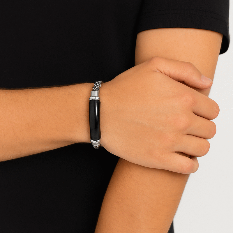 Black Tiger's Eye and Stainless Steel Braided Bracelet