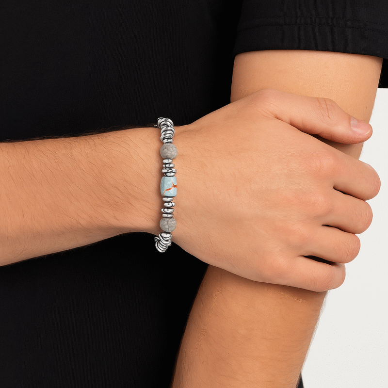 Mixed Stone and Stainless Steel Beaded Mens Bracelet