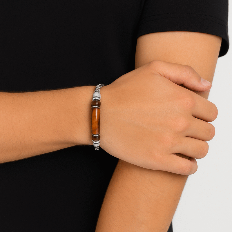 Brown Tiger's Eye and Stainless Steel Braided Bracelet