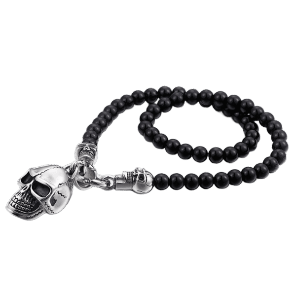 Black Onyx Bead Bracelet with Skull Pendants