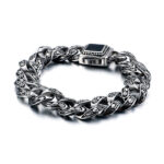 Silver Tone Engraved Curb Chain Bracelet with Black Inlay Clasp