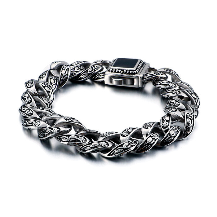 Silver Tone Engraved Curb Chain Bracelet with Black Inlay Clasp