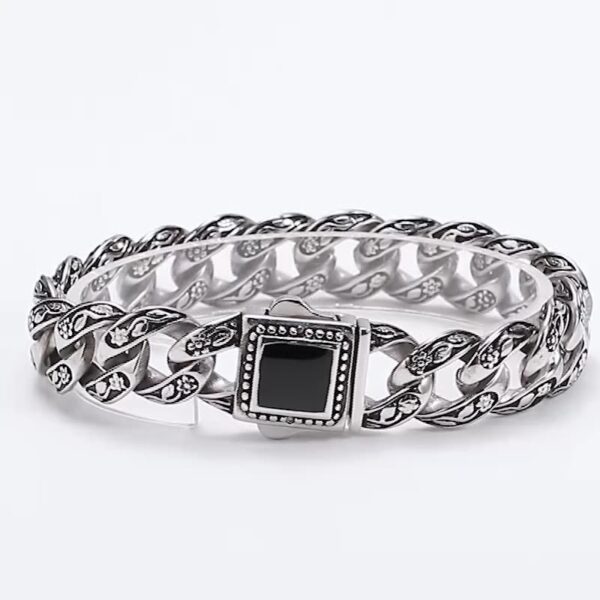 Silver Tone Engraved Curb Chain Bracelet with Black Stone Clasp