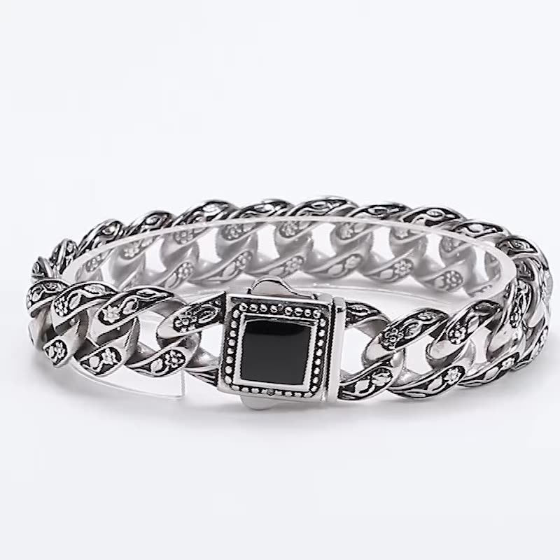 Silver Tone Engraved Curb Chain Bracelet with Black Stone Clasp