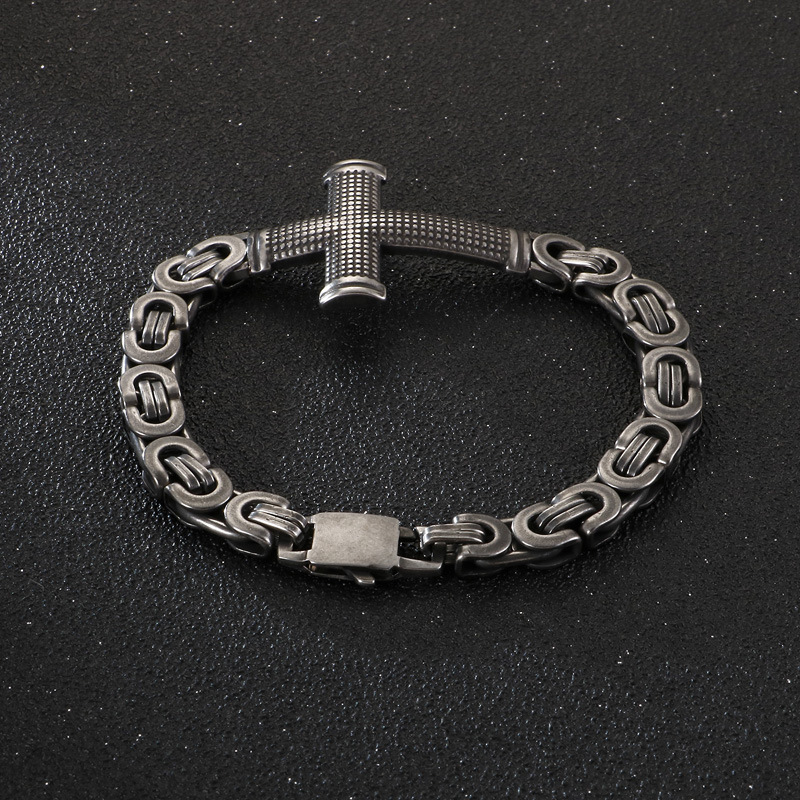 Black Stainless Steel Byzantine Chain Bracelet with Textured Cross Pendant