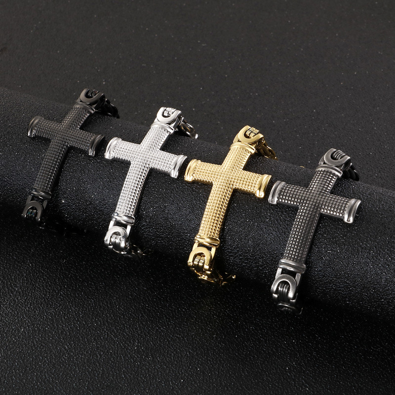 Stainless Steel Byzantine Chain Bracelet with Textured Cross Pendant