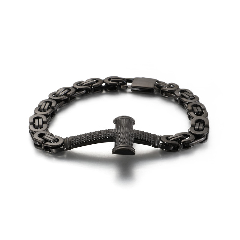 Black Stainless Steel Byzantine Chain Bracelet with Textured Cross Pendant
